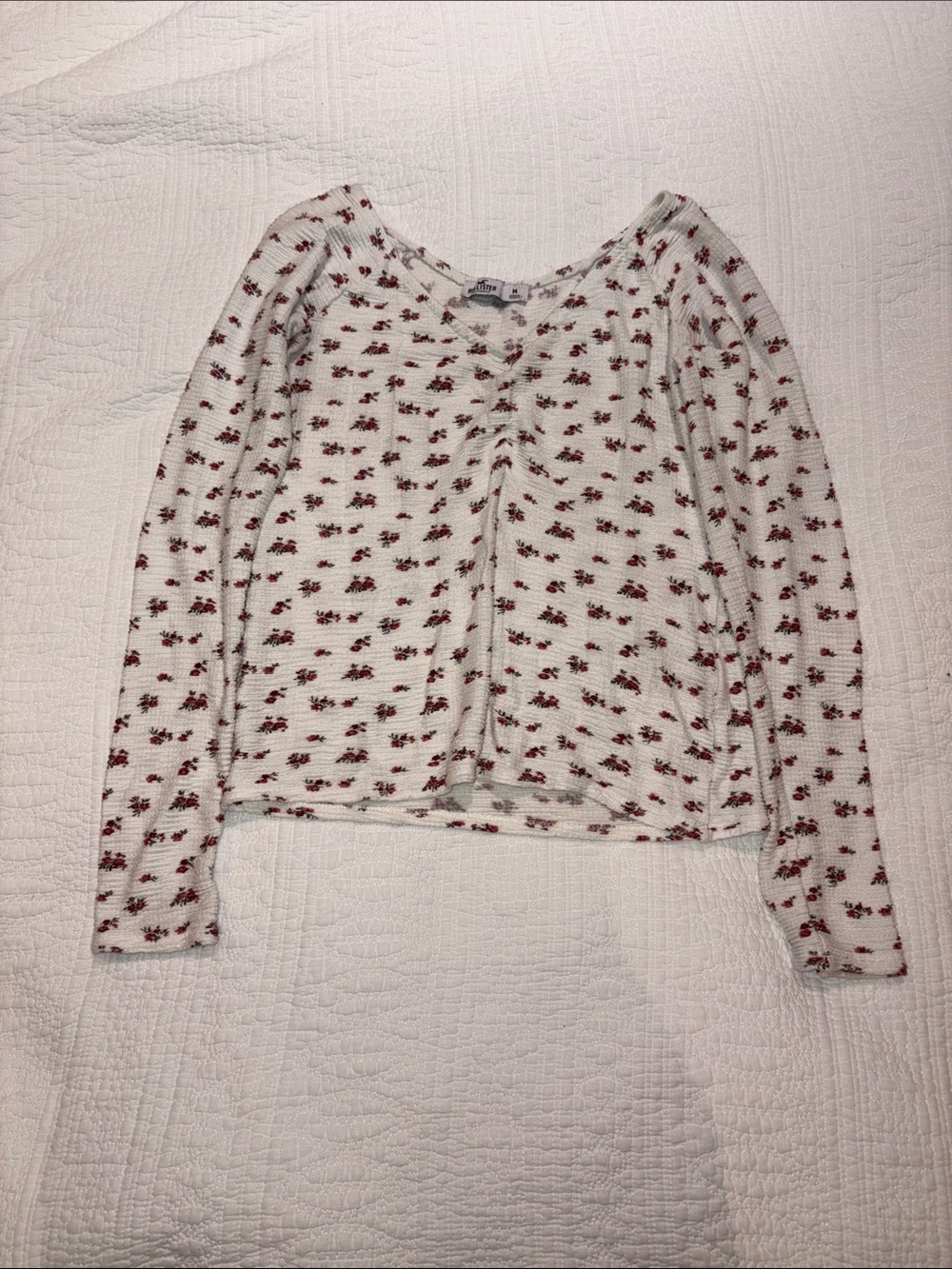 Hollister White Long-Sleeve Thermal Top with Red Floral Print